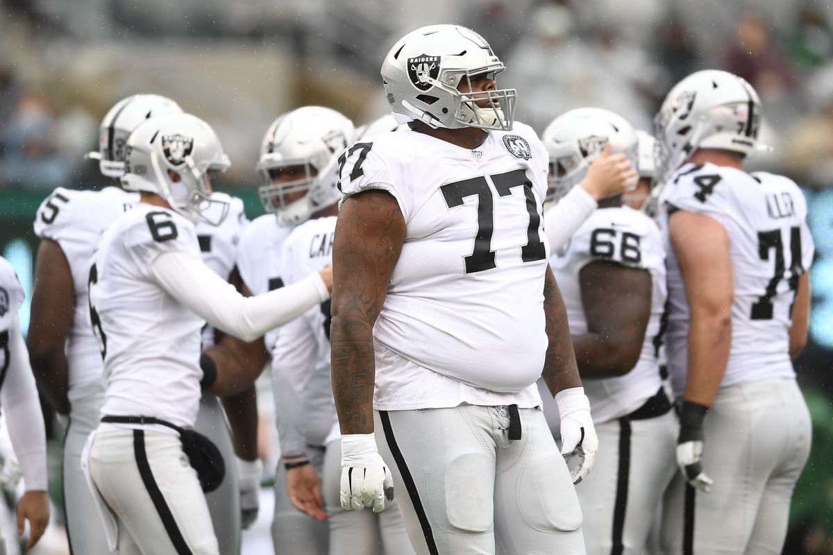 Offensive tackle Trent Brown #77 of the Oakland Raiders looks on during the first half of the game against the New York Jets at MetLife Stadium on November 24, 2019 in East Rutherford, New Jersey.