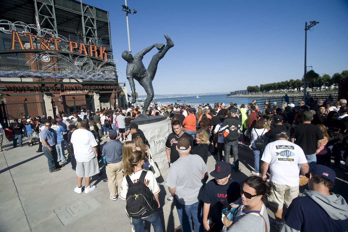 August 13, 2012; San Francisco, CA, USA; Fans wait in line to get into AT&T Park before the San Francisco Giants play the Washington Nationals.  Mandatory Credit: Ed Szczepanski-US PRESSWIRE