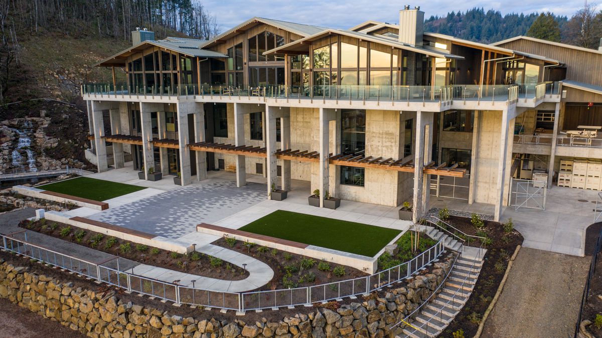 Amaterra’s estate building is two stories, looking out over the vineyard and Portland hills.