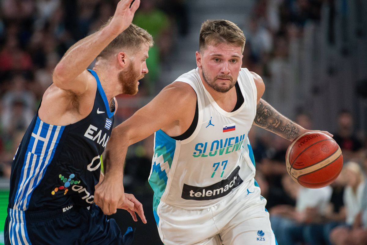 LJUBLJANA, SLOVENIA - 2023/08/02: (L-R) Thomas Walkup of Greece and Luka Doncic of Slovenia seen in action during the International friendly basketball game between Slovenia and Greece at Arena Stozice. Final score; Slovenia 91: 98 Greece.