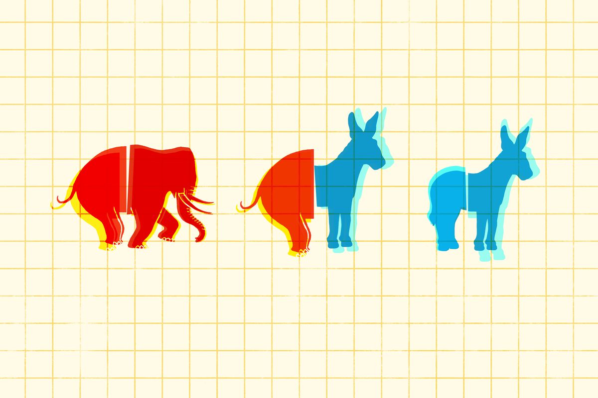 On a graph-paper background, a red elephant and blue donkey, each cut in two pieces, are on either side of a hybrid animal with a red elephant’s hindquarters and a blue donkey’s front half.
