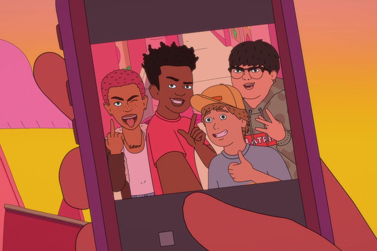 The four cartoon 12-year-olds of the television show “Fairfax” appear on a cartoon phone screen.
