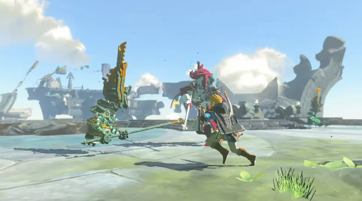 An image of Link and Prince Sidon fighting a construct side by side in The Legend of Zelda: Tears of the Kingdom.