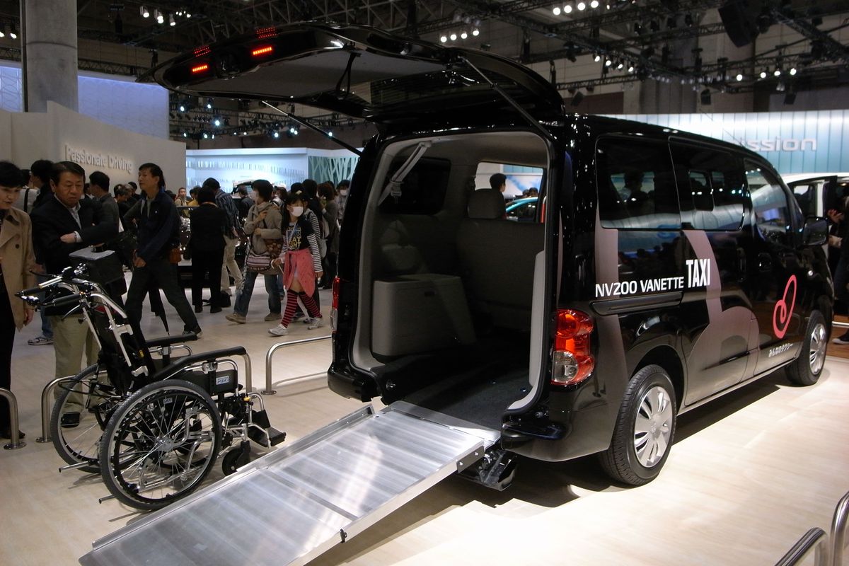A wheelchair accessible taxi on display in Tokyo.