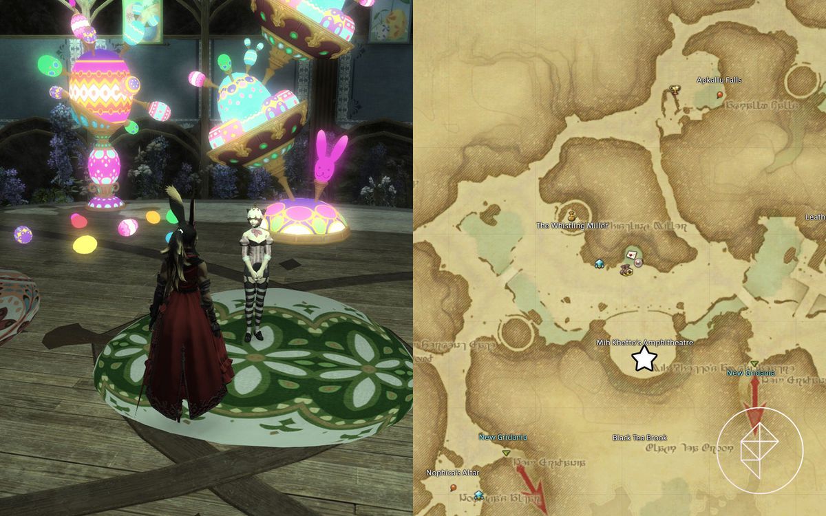 A Viera in red stands in front of a Miqo'te in an egg costume standing on a wooden stage adorned with glowing egg decorations in Final Fantasy 14. The right half of the image shows a map of Old Gridania with a white star noting where to find the NPC.