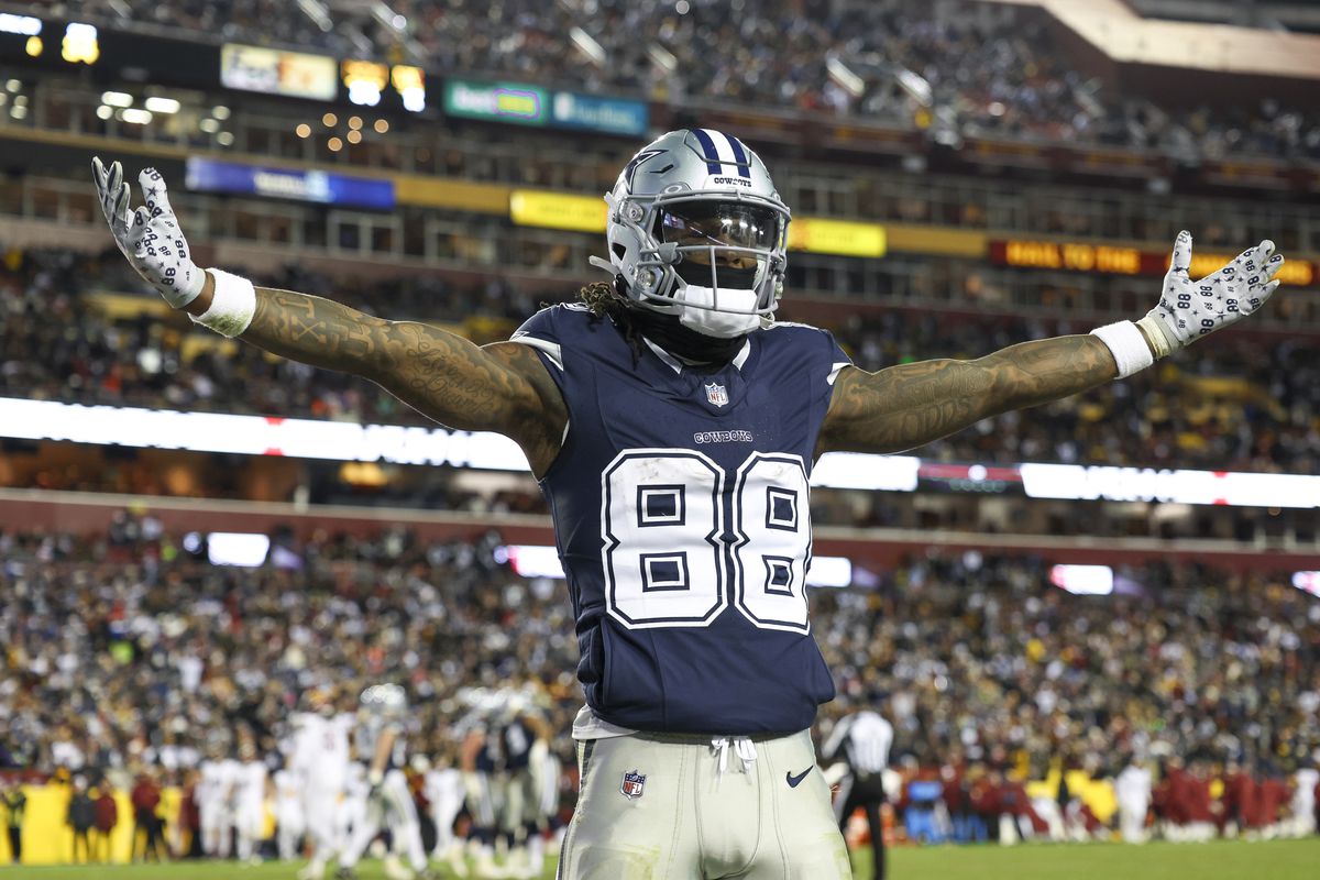 CeeDee Lamb #88 of the Dallas Cowboys celebrates a touchdown during an NFL football game against the Washington Commanders at FedExField on January 7, 2024 in Landover, Maryland.