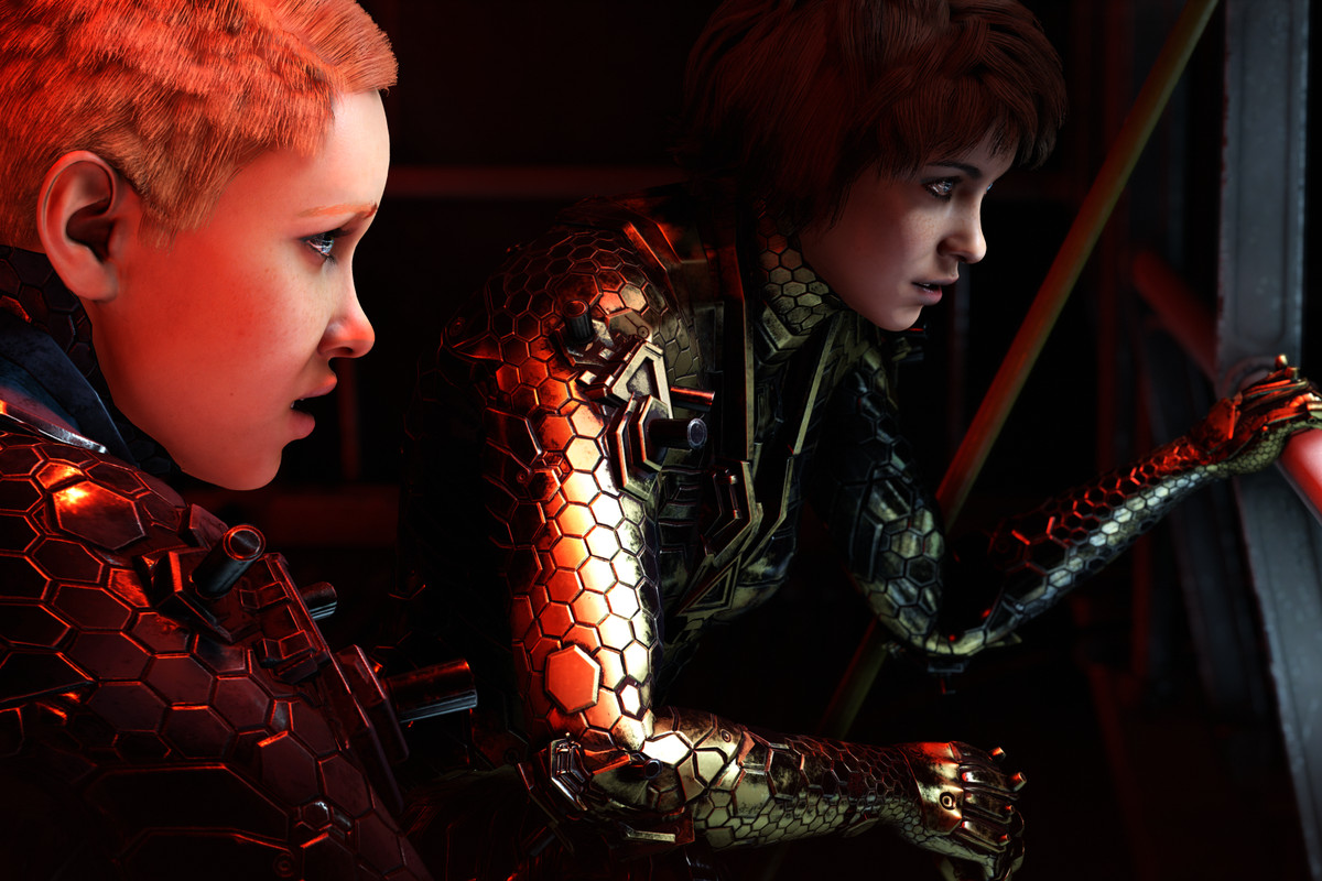 sisters Sophia and Jessica in reptilian, powered armor spy on Nazis in Wolfenstein: Youngblood