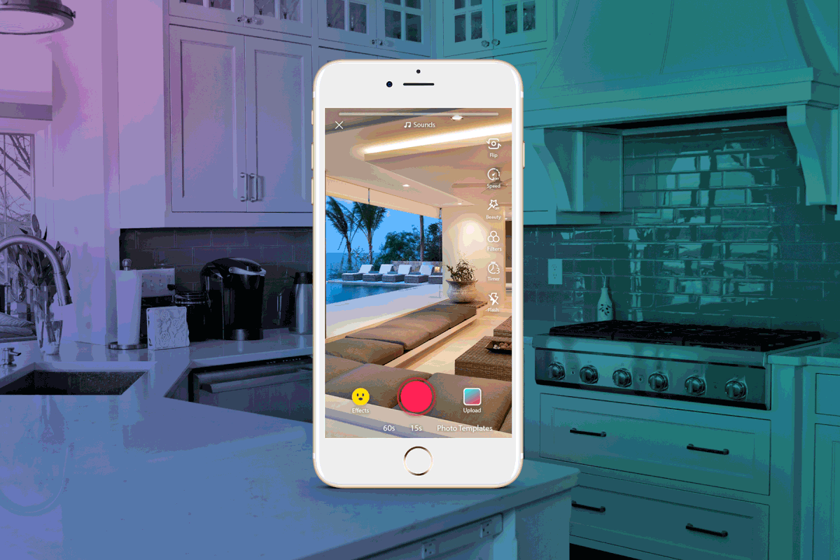 一段白色Iphone播放TikTok视频的循环视频，背景是蓝绿色和紫色的厨房。