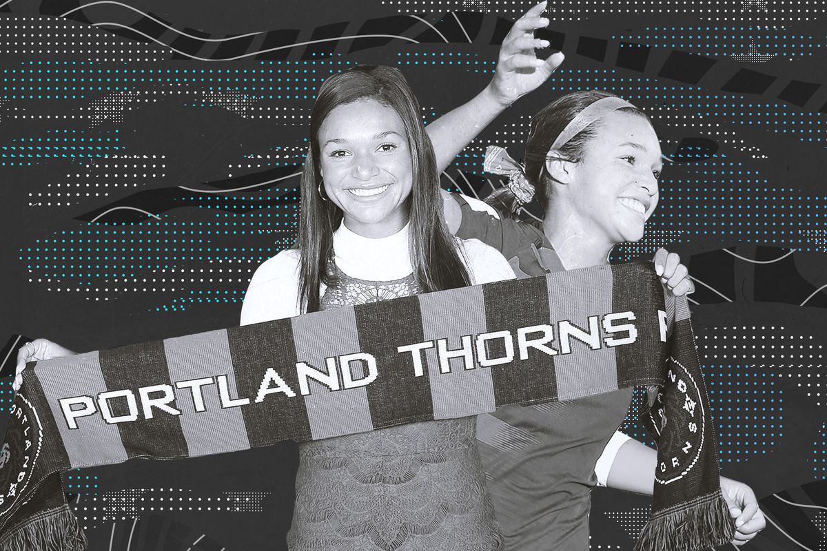 Black and white collage of Sophia Smith holding a Portland Thorns banner after being drafted No. 1 overall, and Smith celebrating during a national team match. 