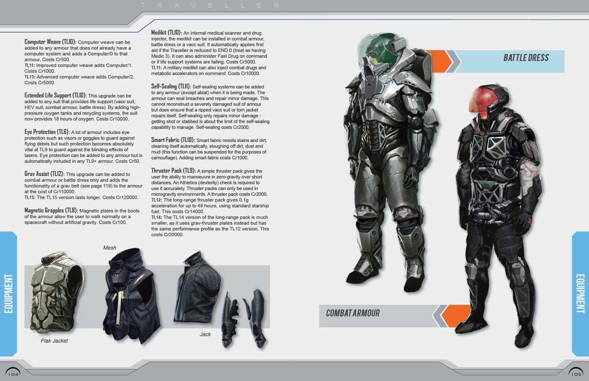 A two-page spread from the Traveller 2022 update that shows armor. Battle dress is displayer here, with a full face helm, backpack, and bright, aluminum colored armor. Also shows is a lighter form of combat armor that mainly protects the head and torso.