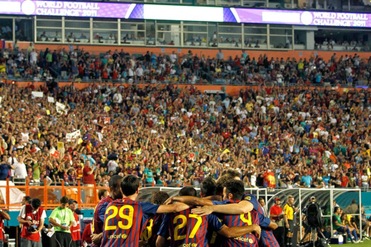 MIAMI GARDENS, FL - AUGUST 03: FC Barcelona celebrates after a goal during a game against CD Guadalajara during the 2011 World Football Challenge at Sun Life Stadium on August 3, 2011 in Miami Gardens, Florida.  (Photo by Mike Ehrmann/Getty Images)