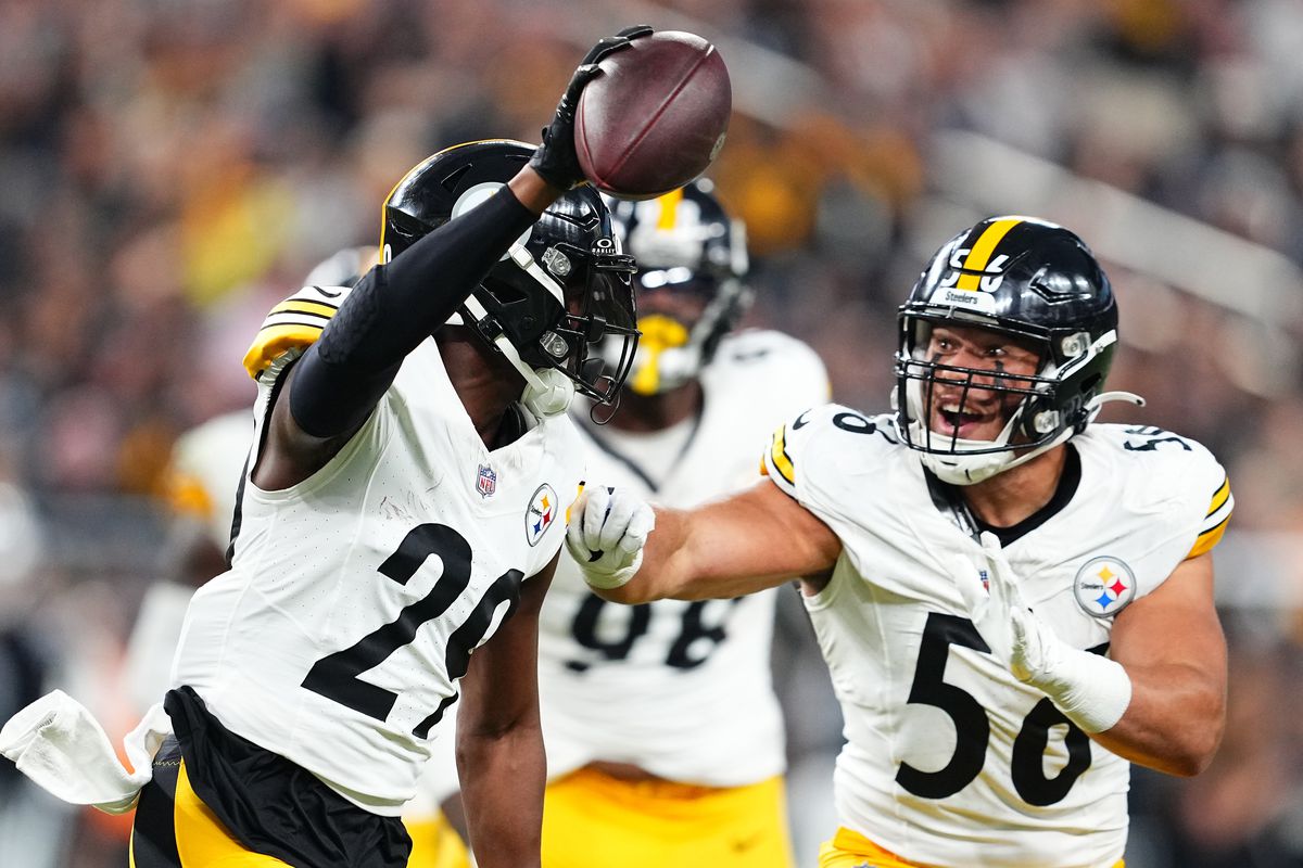Levi Wallace #29 of the Pittsburgh Steelers celebrates an interception in the game against the Las Vegas Raiders during the first quarter at Allegiant Stadium on September 24, 2023 in Las Vegas, Nevada.