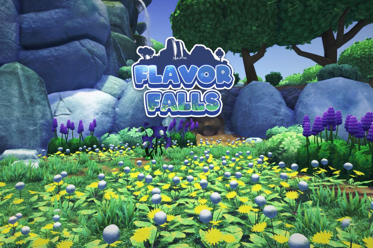 Text that reads “Flavor Falls” with lots of flowers and rocks behind it