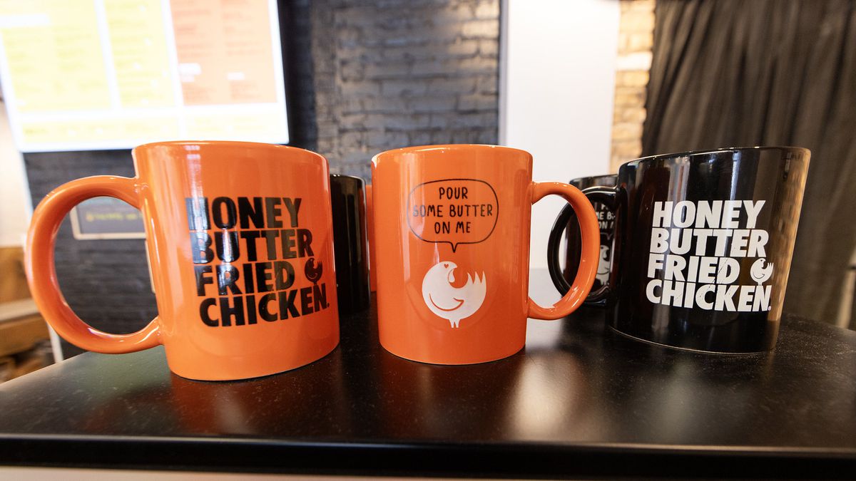 Three coffee mugs from Honey Butter Fried Chicken.