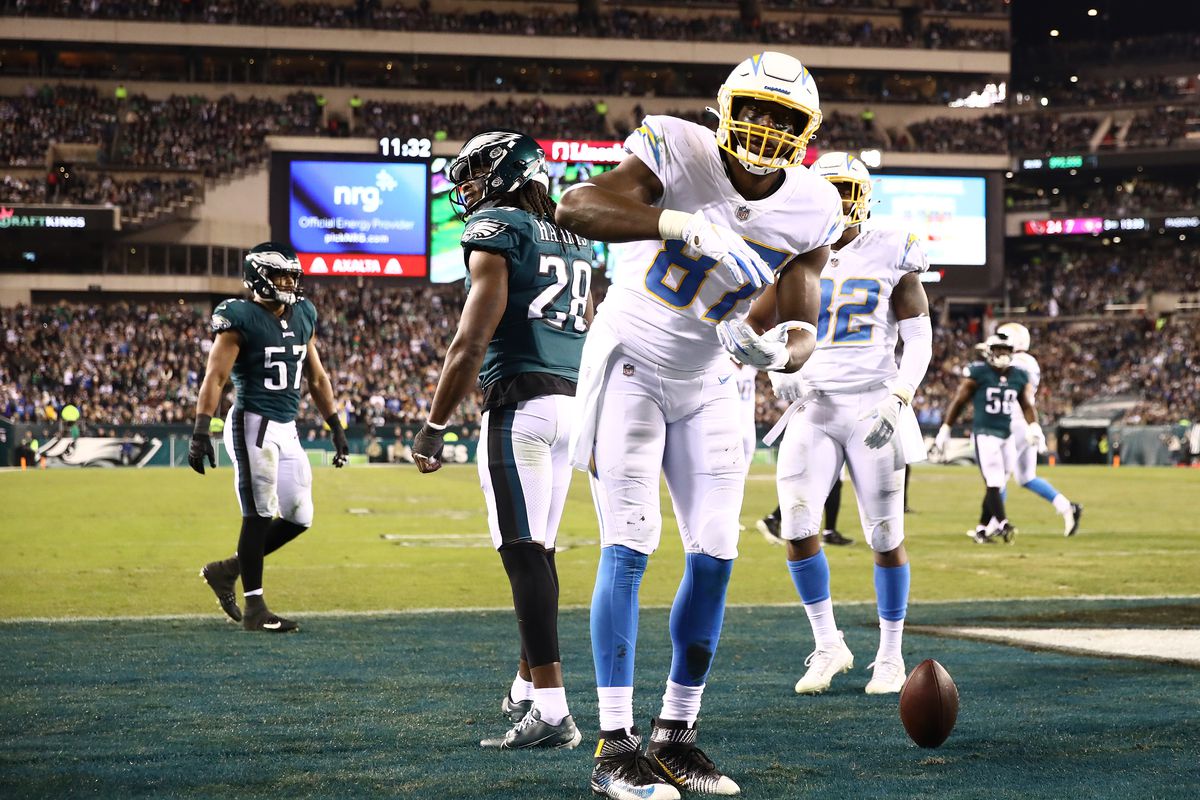 Jared Cook #87 of the Los Angeles Chargers reacts catching a two-point conversion against the Philadelphia Eagles in the fourth quarter at Lincoln Financial Field on November 07, 2021 in Philadelphia, Pennsylvania.