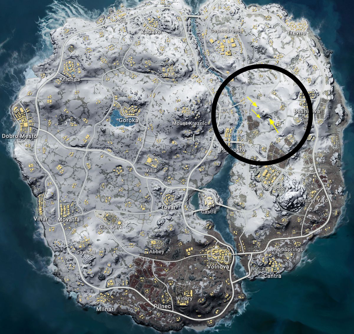 Vikendi PUBG map with cave markers