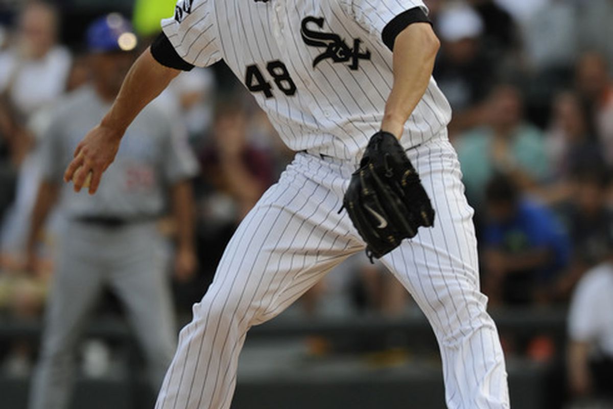 Chicago, IL, USA; Former Chicago White Sox pitcher Zach Stewart (48) pitches against the Chicago Cubs in the first inning at U.S. Cellular Field.  Mandatory Credit: David Banks-US PRESSWIRE