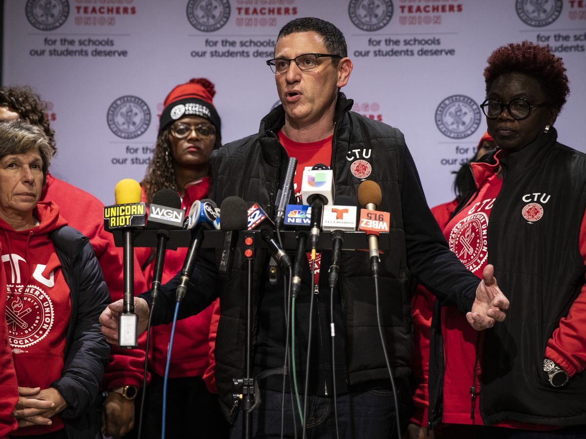 Chicago Teachers Union President Jesse Sharkey speaks during a news conference at the union’s Near West Side headquarters.