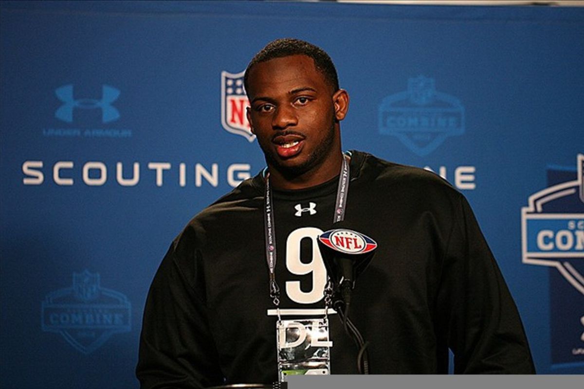 Feb 25, 2012; Indianapolis, IN, USA; Missisippi State defensive lineman Fletcher Cox speaks at a press conference during the NFL Combine at Lucas Oil Stadium. Mandatory Credit: Brian Spurlock-US PRESSWIRE