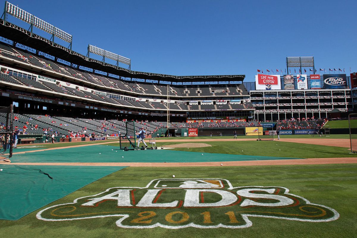 The ALDS logo is seen on the field before Game One of the American League Division Series between the Tampa Bay Rays and the Texas Rangers at Rangers Ballpark in Arlington, Texas.  (Photo by Ronald Martinez/Getty Images)