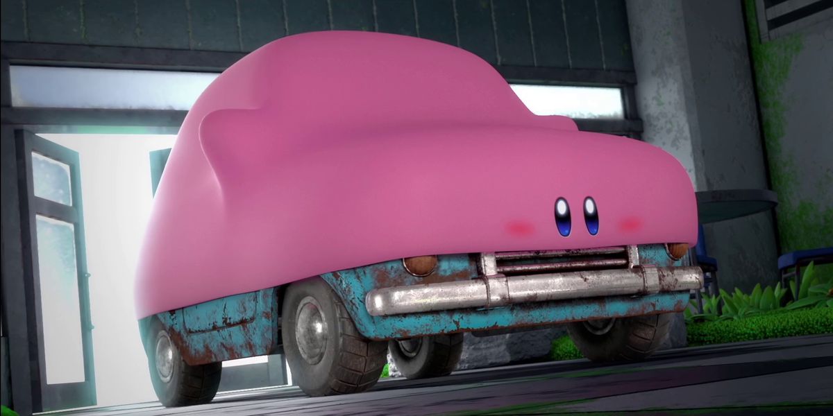 a render of Kirby having swallowed a car in Kirby and the Forgotten Land