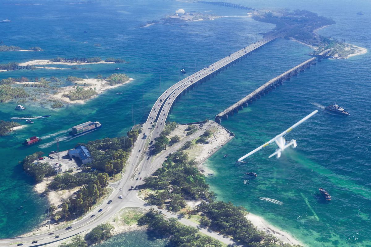 a lengthy causeway, seen from the sky, connects two pieces of land over tropical blue-green waters in Grand Theft Auto 6