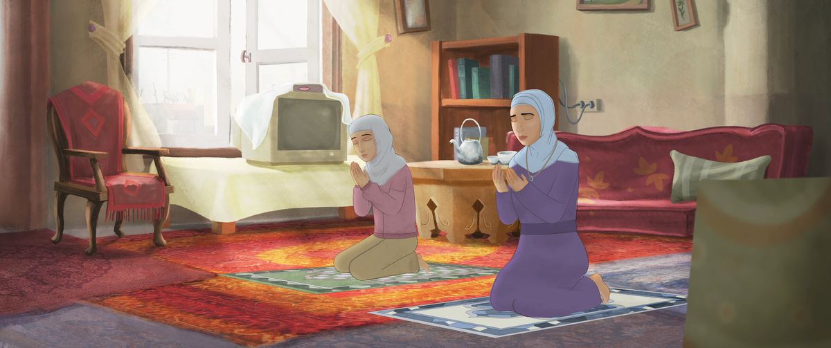two women in hijab praying in their apartment;  one is older and the other is a teenager from Lamya's Poem