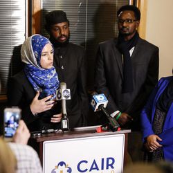 Roula Allouch, board chair of the Council On American-Islamic Relations, left, speaks during a news conference regarding an earlier attack at the Ohio State University campus, Monday, Nov. 28, 2016, in Dublin, Ohio. A Somali-born Ohio State University student plowed his car into a group of pedestrians on campus and then got out and began stabbing people with a knife Monday before he was shot to death by an officer. 