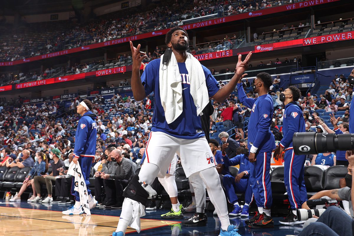 Joel Embiid #21 of the Philadelphia 76ers celebrates during the game against the New Orleans Pelicans on October 20, 2021 at the Smoothie King Center in New Orleans, Louisiana.