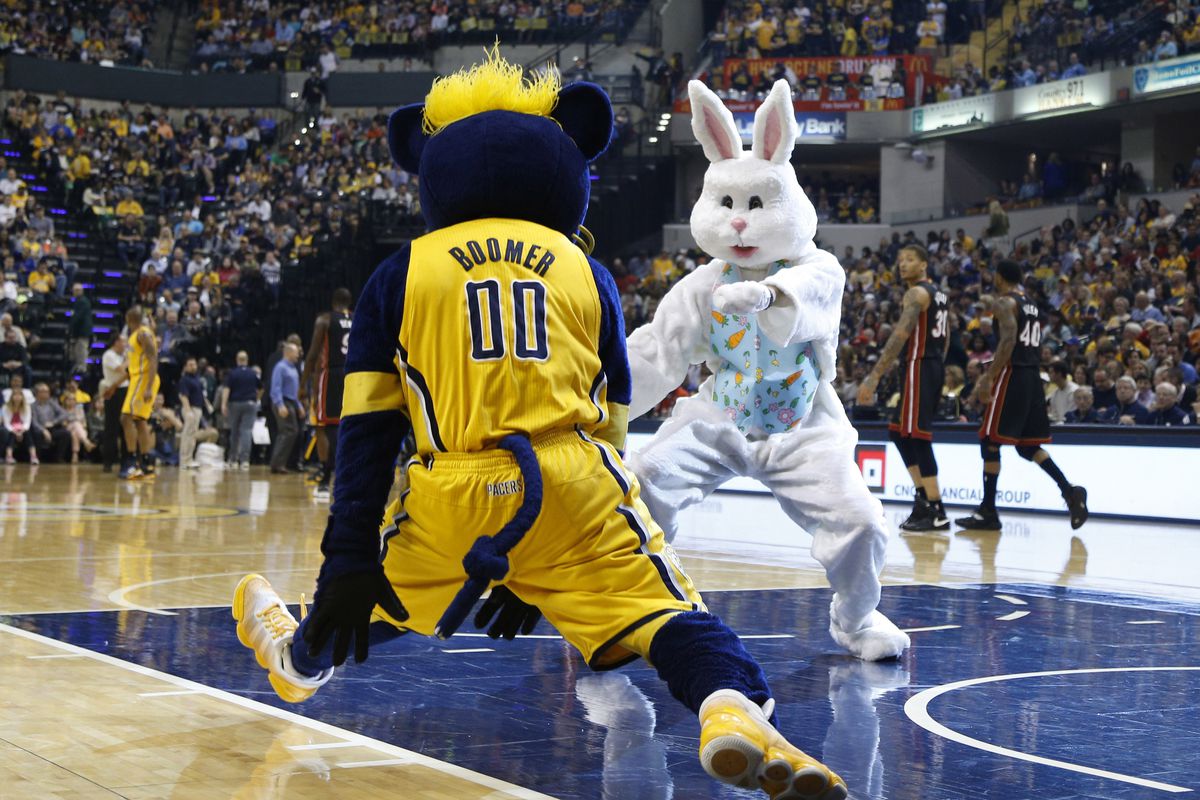 The Easter Bunny facing off with Indiana's Mascot Boomer 