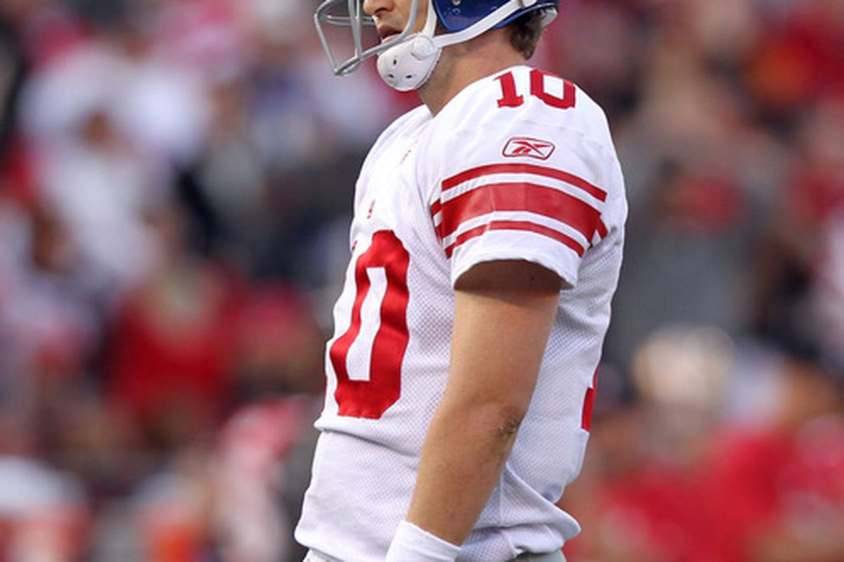 We know this look from Eli Manning, and it tells you what you need to know about the Giants regular-season game against San Francisco.  (Photo by Ezra Shaw/Getty Images)