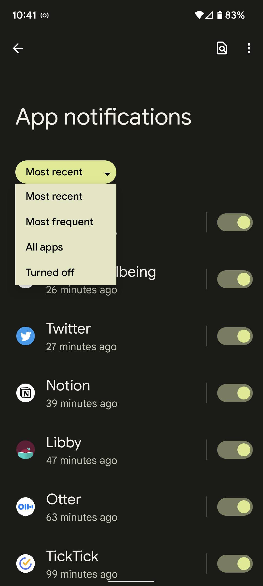 You can sort the apps that send notifications in various ways.