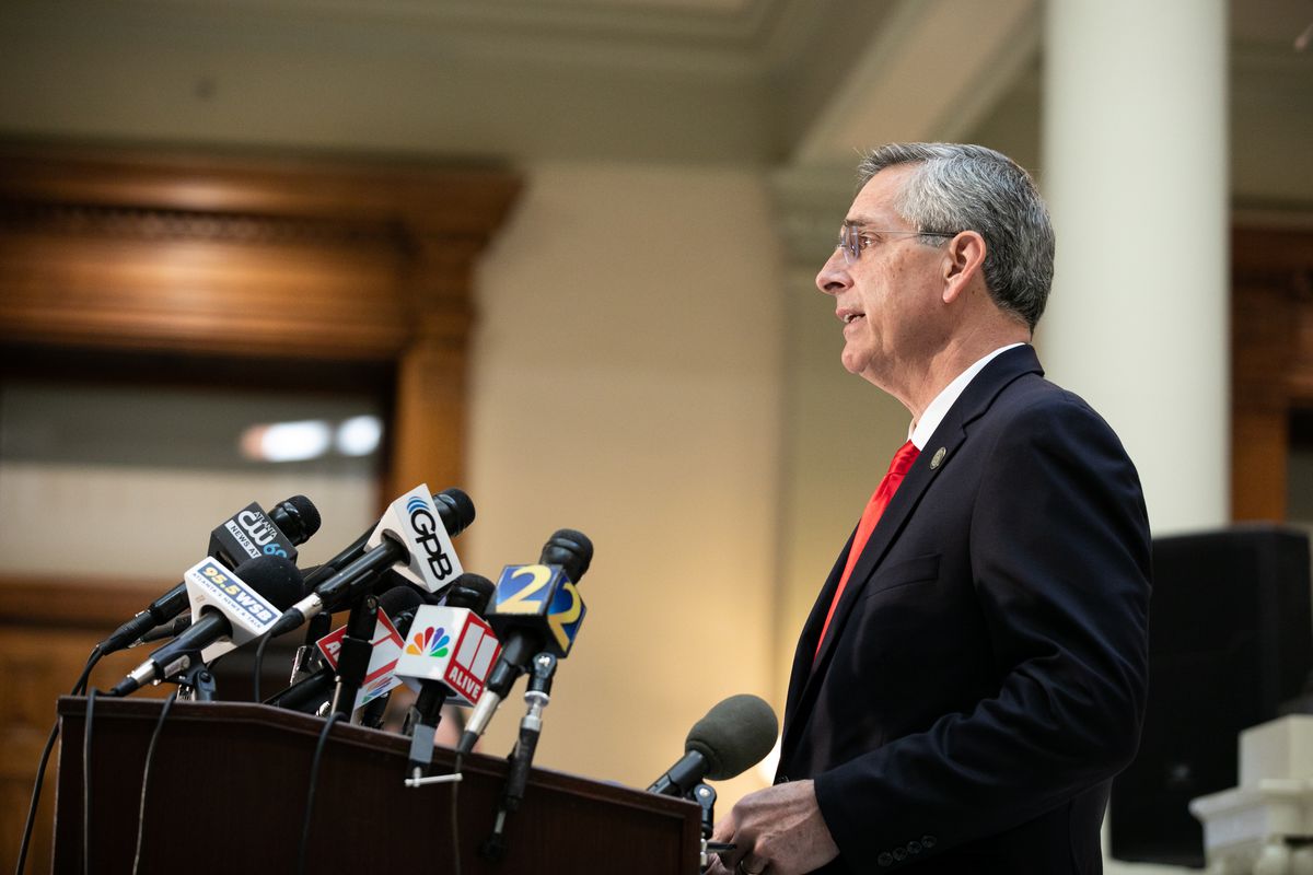 Georgia Secretary of State Ben Raffensperger holds a press conference on the status of ballot counting on November 6, 2020 in Atlanta, Georgia. 