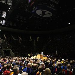 Elder L. Tom Perry of the Quorum of the Twelve Apostles of The Church of Jesus Christ of Latter-day Saints speaks to Brigham Young University graduates during the April 2013 Commencement ceremonies in Provo on Thursday, April 25, 2013.
