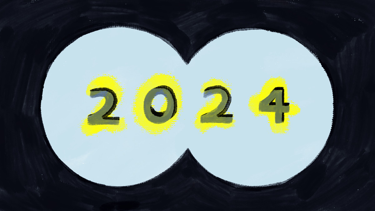 An illustrated “2024” is seen through a binocular field of view.