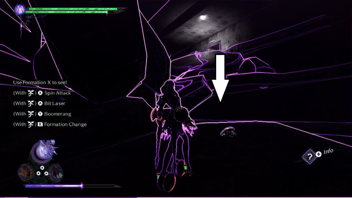 The screen is all black with bright glowing purple outlines. A toad is outlined on the floor