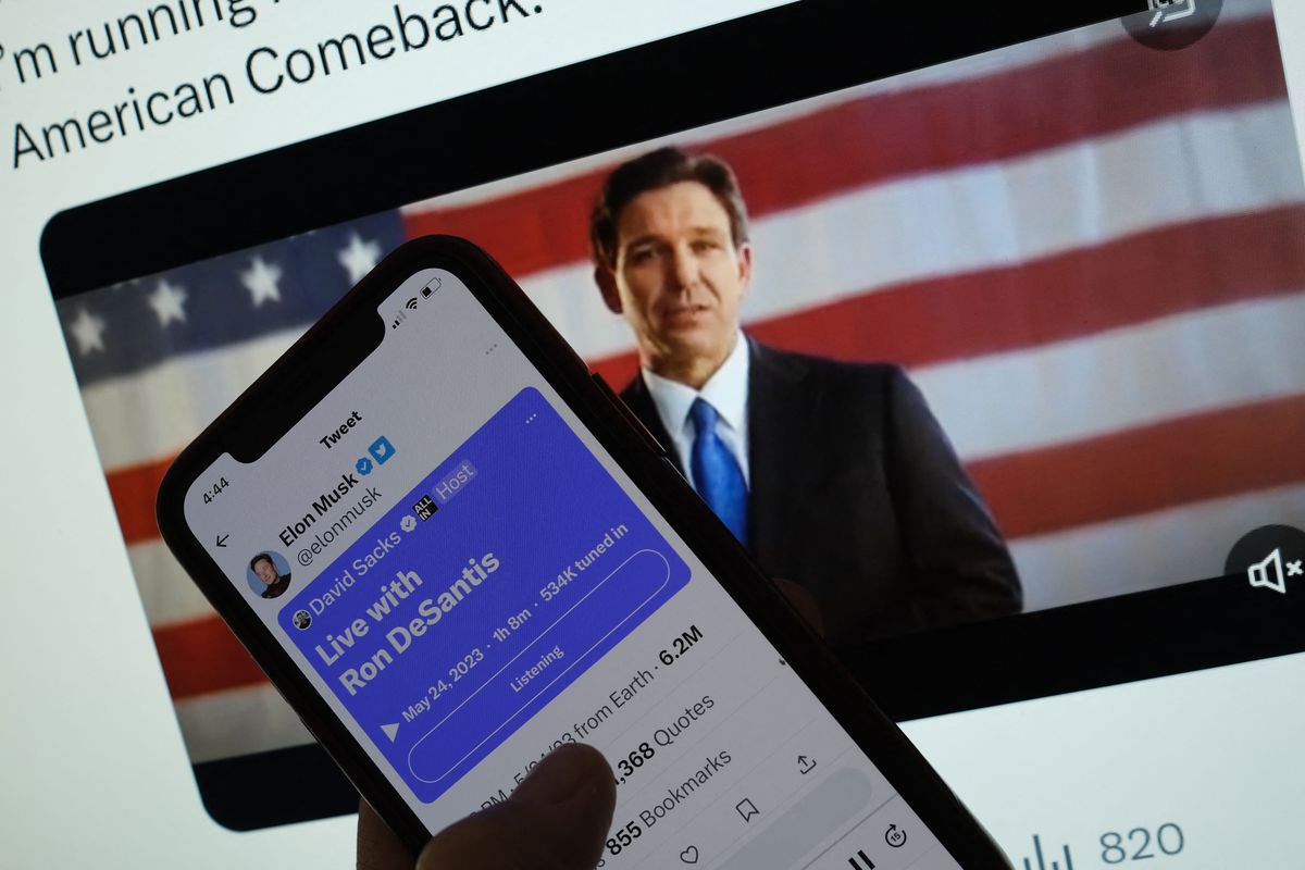 This illustration photo shows the live Twitter talk with Elon Musk with a background of Ron DeSantis as he announces his 2024 presidential run on his Twitter page, May 24, 2023 in Los Angeles, California.