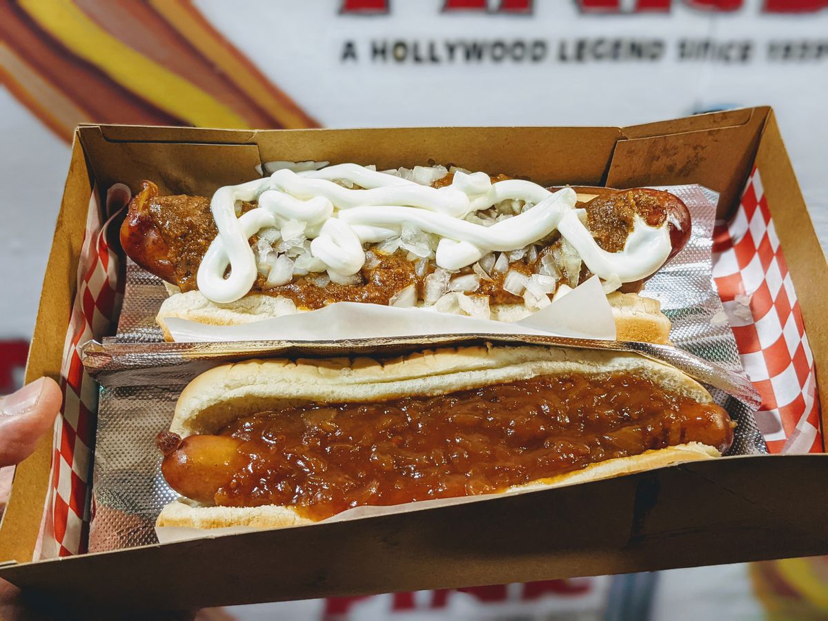 Chili dog and New York-style dog at Pink’s Hot Dogs.
