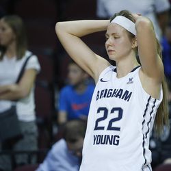Brigham Young Cougars guard/forward Kristine Fuller Nielson (22) stands on the sideline after losing to the San Francisco Lady Dons during the WCC tournament championship in Las Vegas Tuesday, March 8, 2016. San Francisco won 70-68. 
