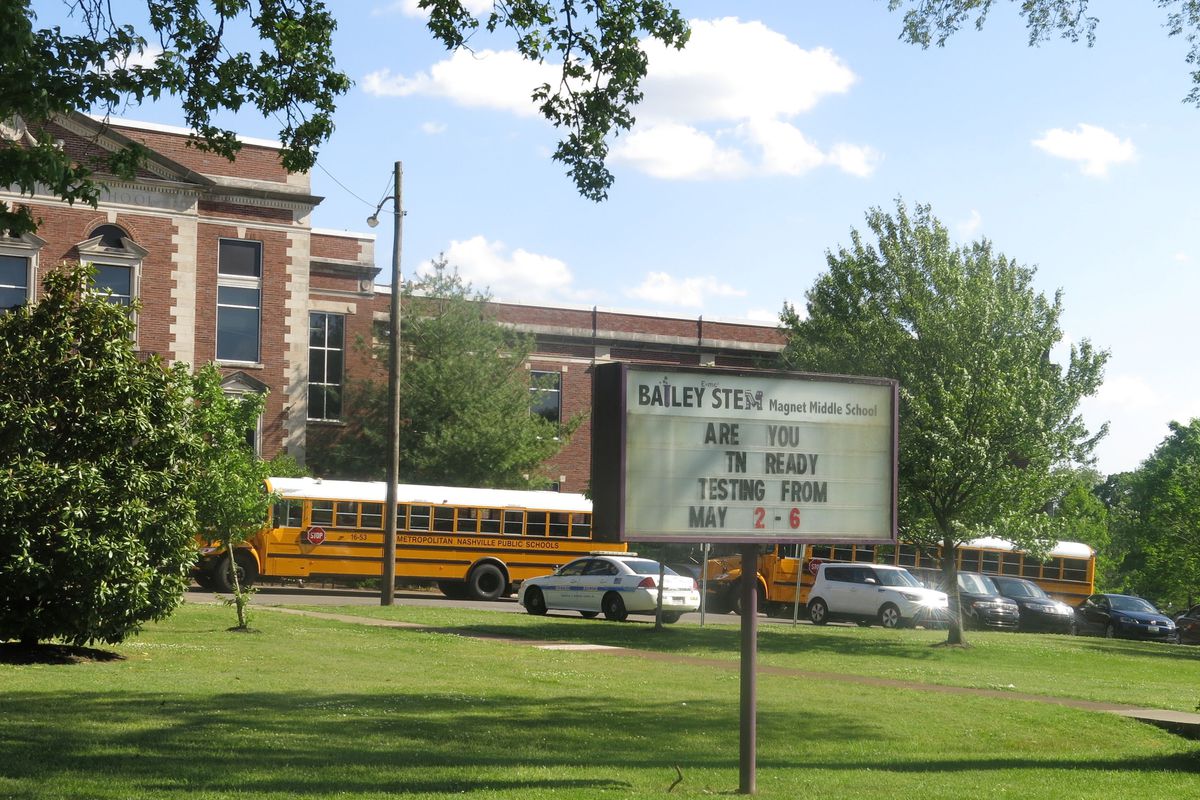 A sign outside of Bailey STEM Magnet Middle School in Nashville asks students if they are TNReady for this year's state standardized tests, called TNReady.