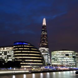General view of the Shard and City Hall and the London skyline and the River Thames.