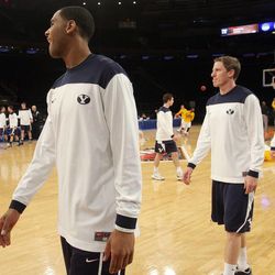 BYU players warm up prior to the NIT Final Four in New York City Tuesday, April 2, 2013.