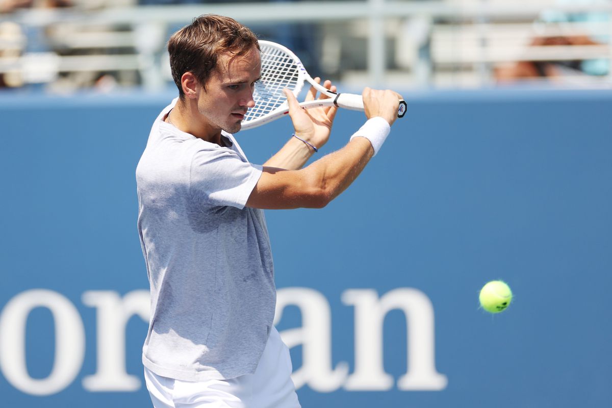 Daniil Medvedev of Russia returns a shot during a practice session before the start of the 2022 US Open at USTA Billie Jean King National Tennis Center on August 27, 2022 in the Queens borough of New York City.