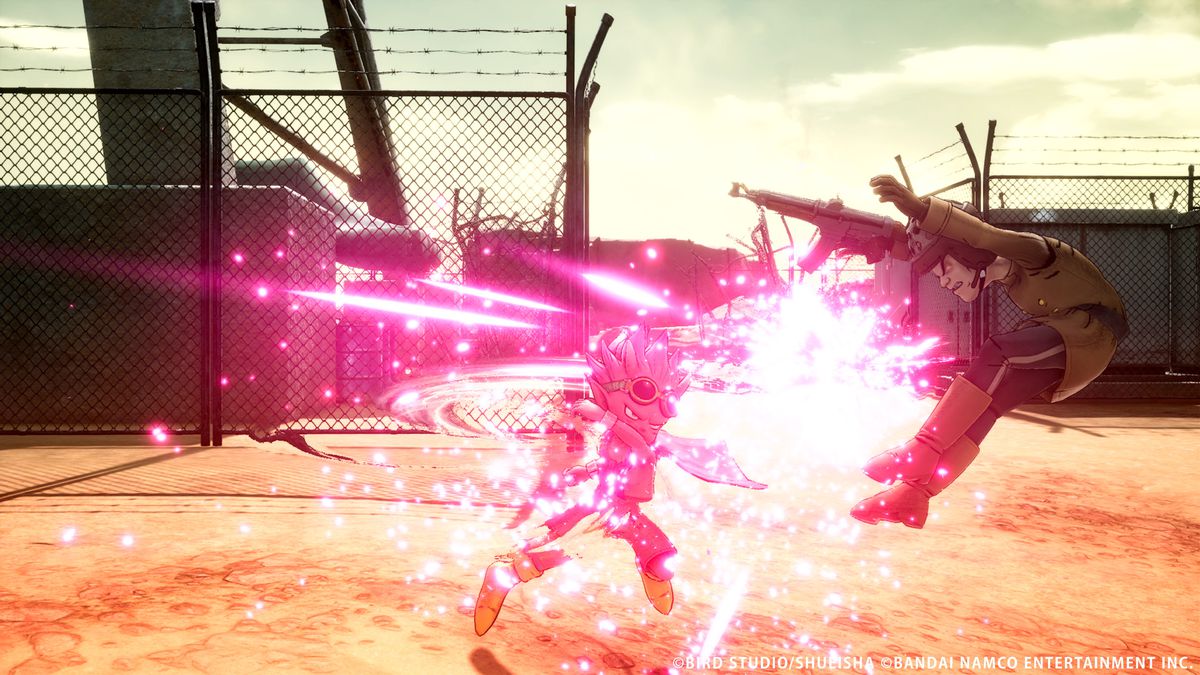 Beelzebub punches a soldier in a military compound with pink energy bursting from the punch in Sand Land