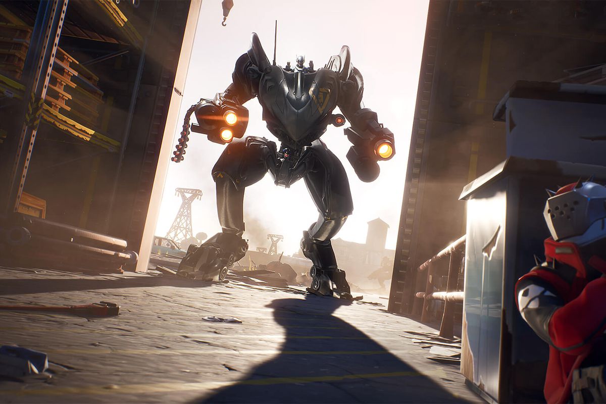 Fortnite’s new BRUTE mech standing in a doorway as another player cowers in fear