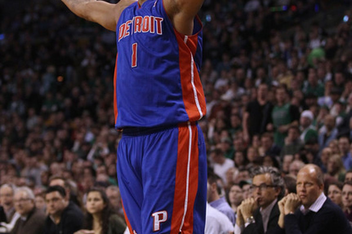 BOSTON MA - JANUARY 19:  Tracy McGrady #1 of the Detroit Pistons was the "Y" in the Pistons' bench "YMCA" dance.
