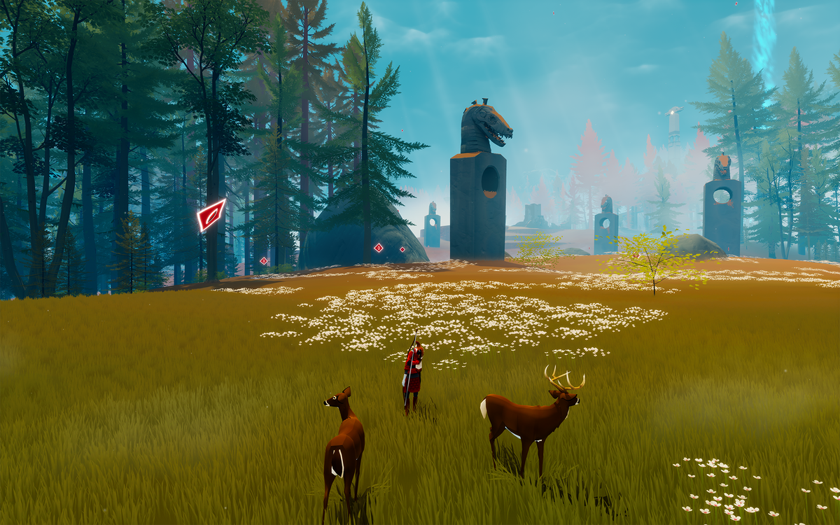 The open fields in The Pathless, with targets and deer around the player