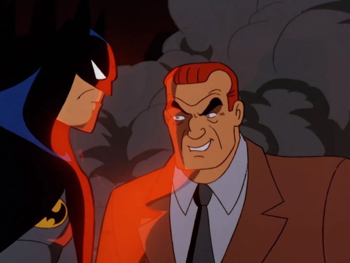 Batman standing beside a leering Roland Daggett in “Appointment in Crime Alley” from Batman: The Animated Series.