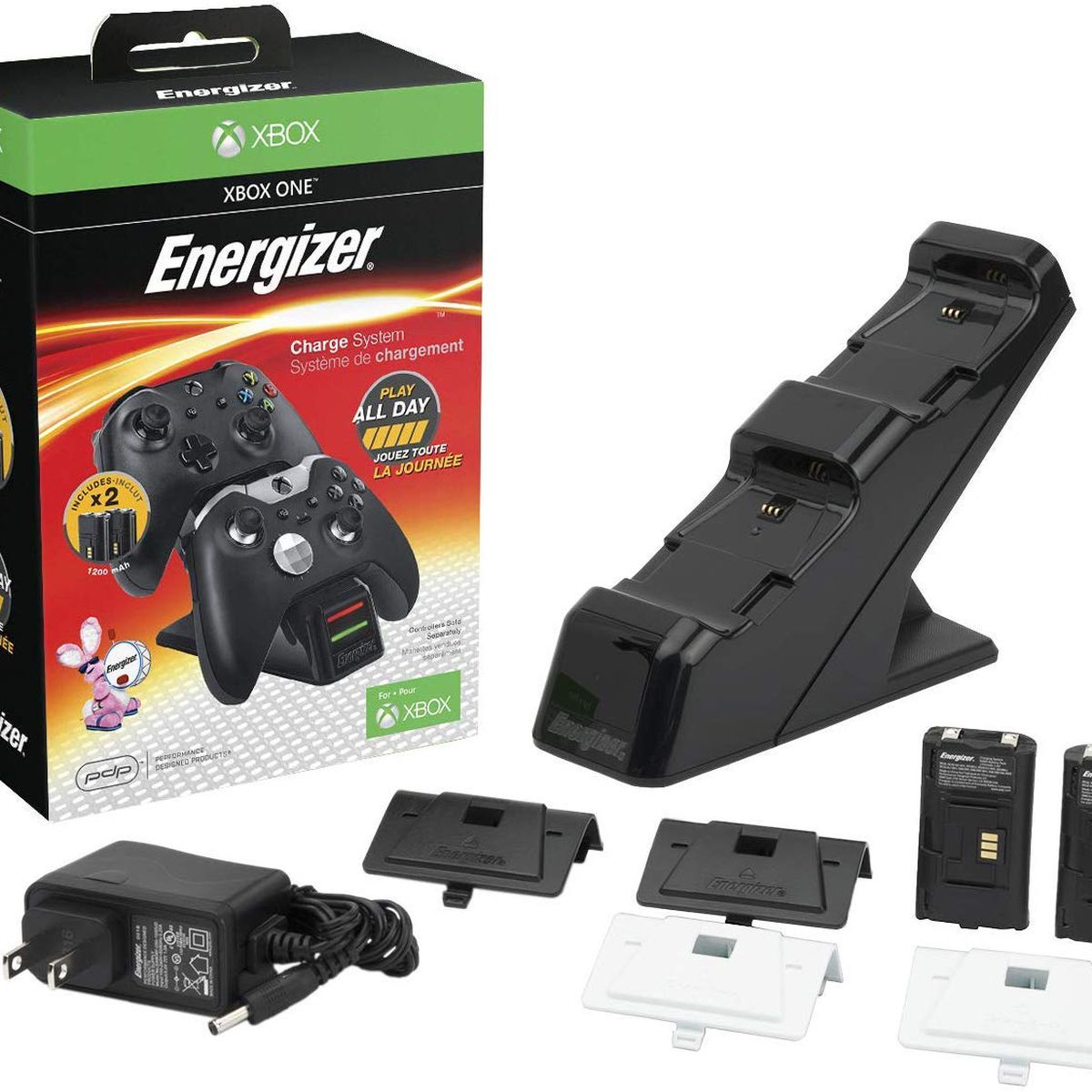 Product shot of the components of Energizer’s xbox controller charging station
