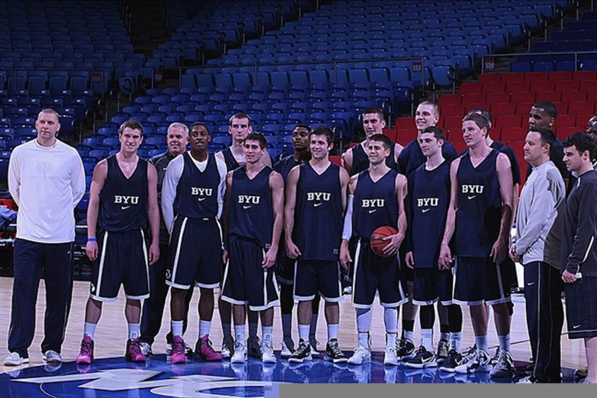 Mar 12, 2012; Dayton, OH, USA; Brigham Young Cougars pose for a team photo after practice for the first round of the 2012 NCAA men's basketball tournament at Dayton Arena.  Mandatory Credit: Brian Spurlock-US PRESSWIRE
